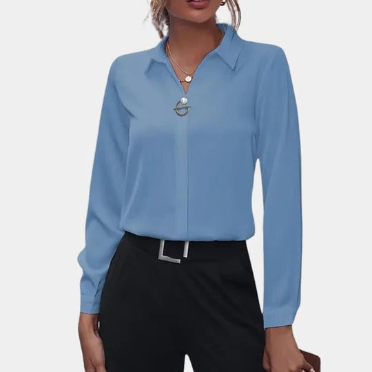 Women's tailored solid color long sleeve blouse with buttoned cuffs, versatile casual semi-formal fit