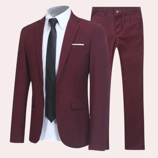 Men's slim fit black two-piece wedding suit with tailored blazer and matching trousers