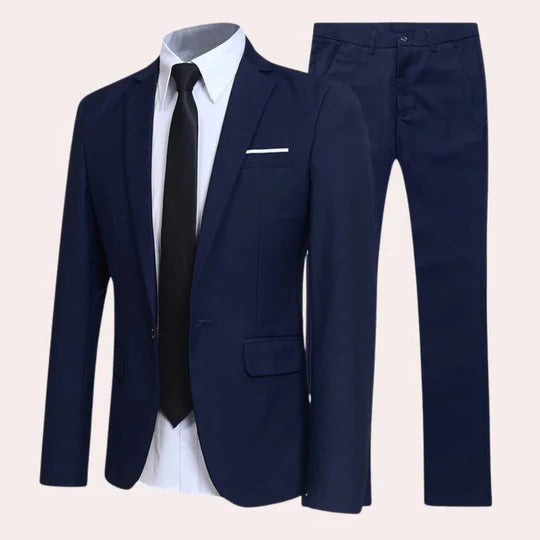 Men's slim fit black two-piece wedding suit with tailored blazer and matching trousers