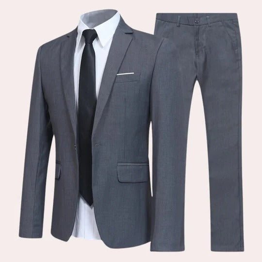 Men's slim fit black two-piece wedding suit with tailored blazer and matching trousers