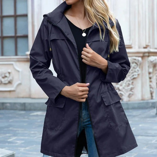 Women's full-length structured trench coat with front zipper closure for all-season versatile wear