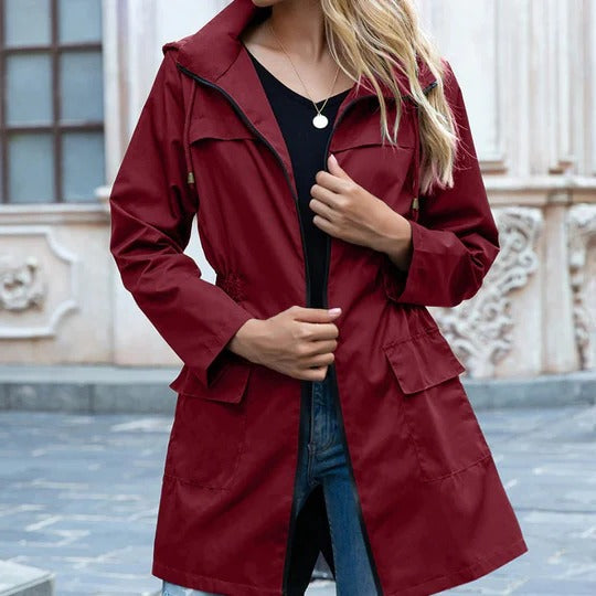Women's full-length structured trench coat with front zipper closure for all-season versatile wear