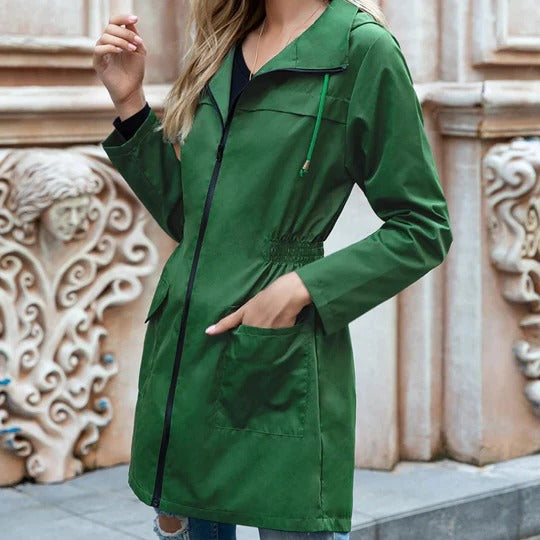 Women's full-length structured trench coat with front zipper closure for all-season versatile wear