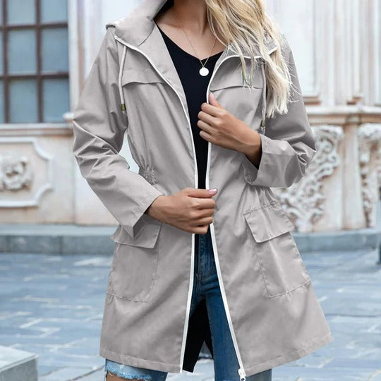 Women's full-length structured trench coat with front zipper closure for all-season versatile wear