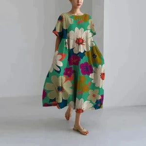 Women's relaxed floral print dress bold all-over motif breezy summer silhouette effortless everyday style