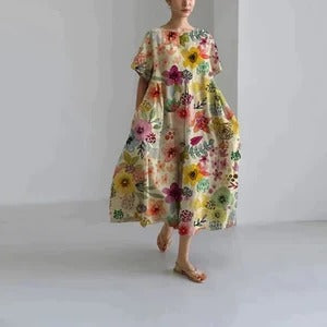 Women's relaxed floral print dress bold all-over motif breezy summer silhouette effortless style