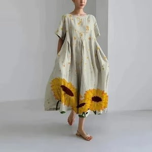 Women's relaxed floral print summer dress with bold all-over motif and breezy loose silhouette