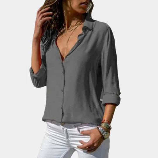 Women's lightweight shirt neutral tones relaxed cut versatile everyday casual dressy movement-friendly top