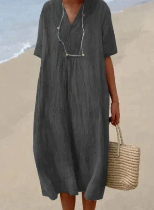 Women's relaxed fit V-neck summer dress lightweight airy loose silhouette for beach casual outings