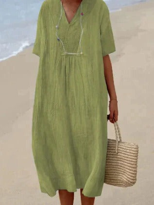 Women's relaxed fit V-neck summer dress, lightweight airy fabric, casual beach style