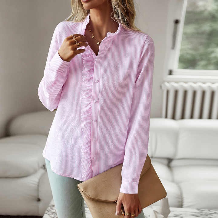 Women's striped long sleeve blouse regular fit casual spring summer medium-length hem