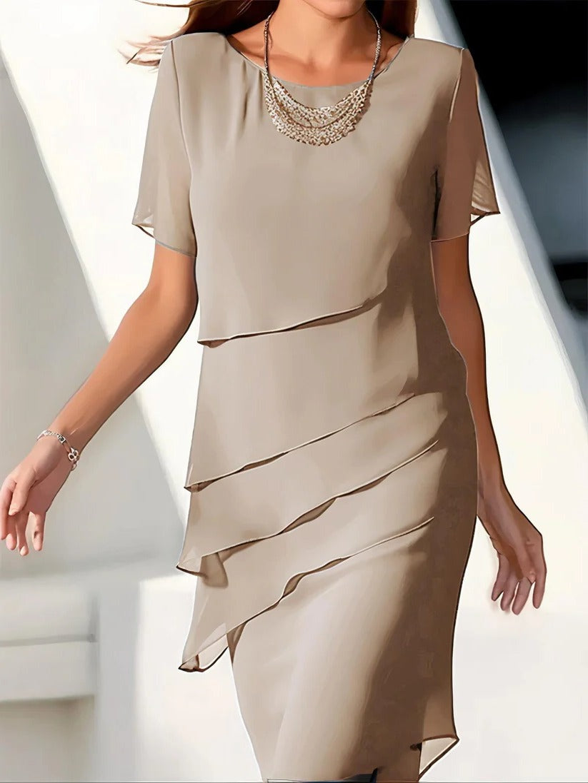 Elegant pleated chiffon midi dress with flattering waist silhouette for formal events