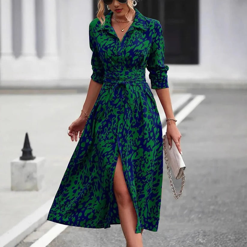 Valentina | Women's Abstract Print Button Down Belted Midi Shirt Dress