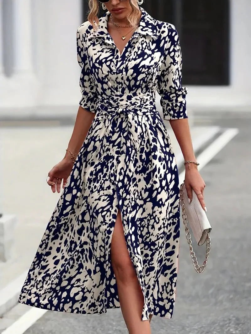 Valentina | Women's Abstract Print Button Down Belted Midi Shirt Dress