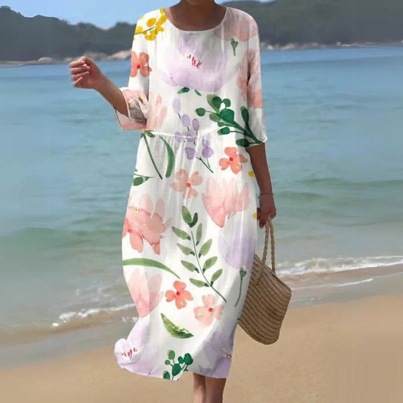 Flowy midi dress light breezy silhouette modern women versatile year-round effortless style