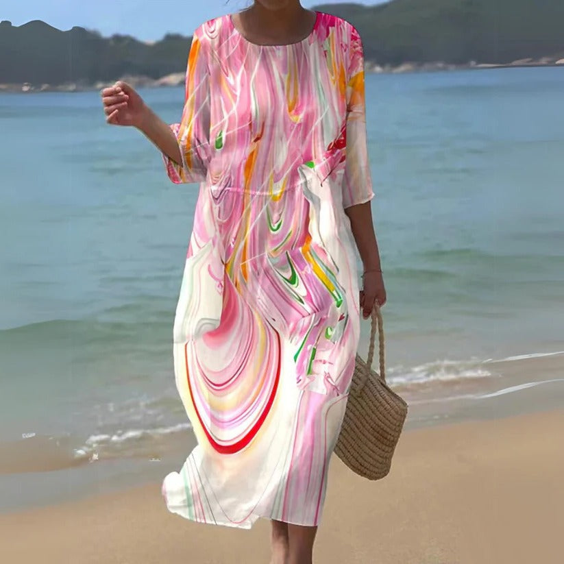 Flowy midi dress light breezy silhouette skims body effortless movement year-round modern style