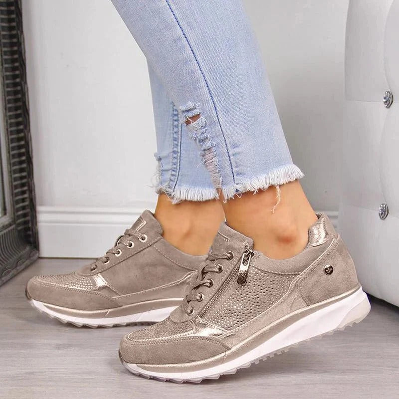 Women's platform walking sneakers with side zipper, textured surface, cushioned sole, casual lace-up style