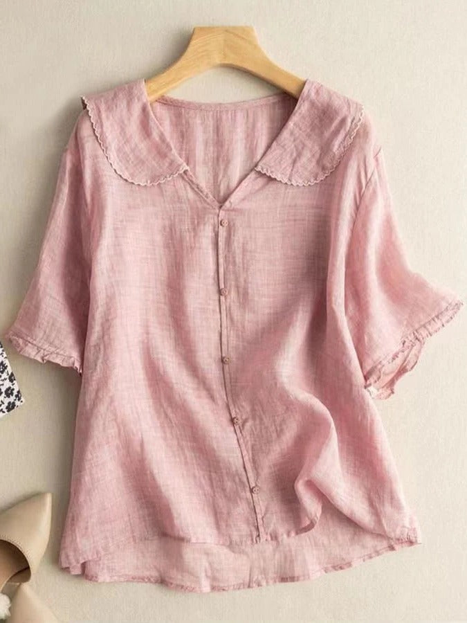 Women's relaxed fit doll collar shirt with subtle stretch, versatile short sleeve top for year-round wear
