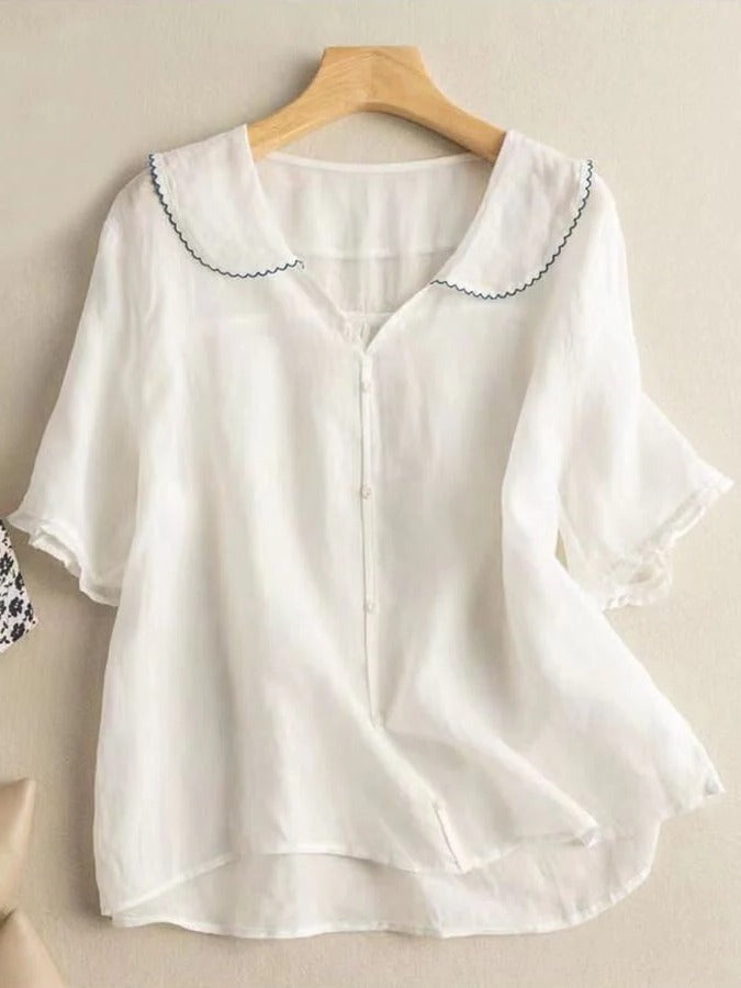 Women's relaxed fit doll collar shirt with subtle stretch, versatile short-sleeve top for year-round wear