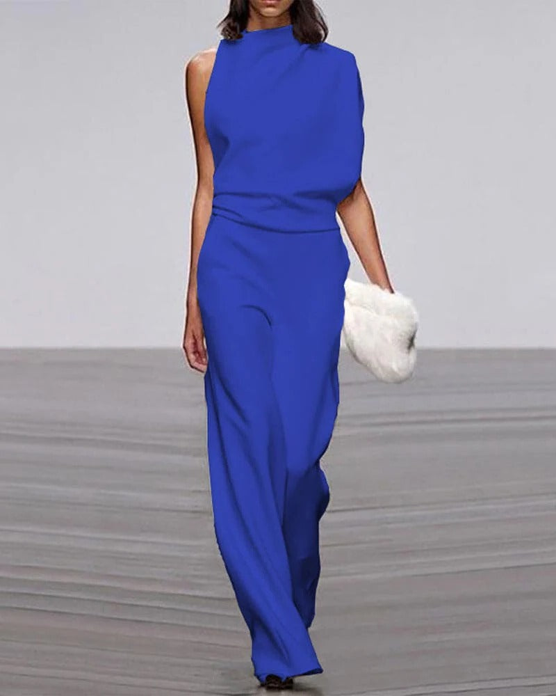 Women's sleeveless wide-leg formal jumpsuit with tailored bodice for weddings and events
