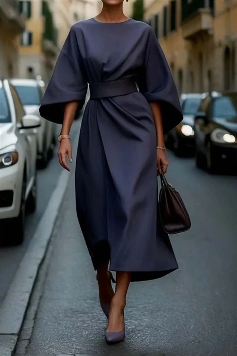 Women's A-line midi dress polished versatile silhouette structured waist flared skirt work to evening