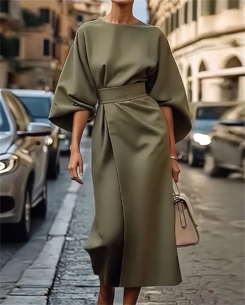Women's A-line midi dress polished versatile silhouette structured waist work-to-evening style