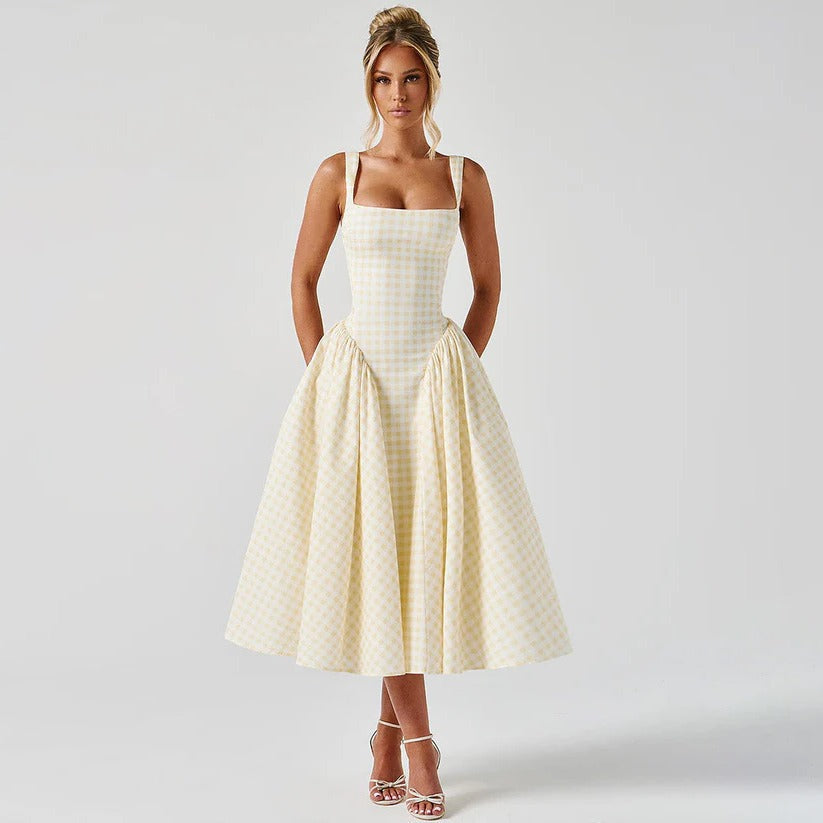 Black white checkered midi dress square neckline princess silhouette structured fit