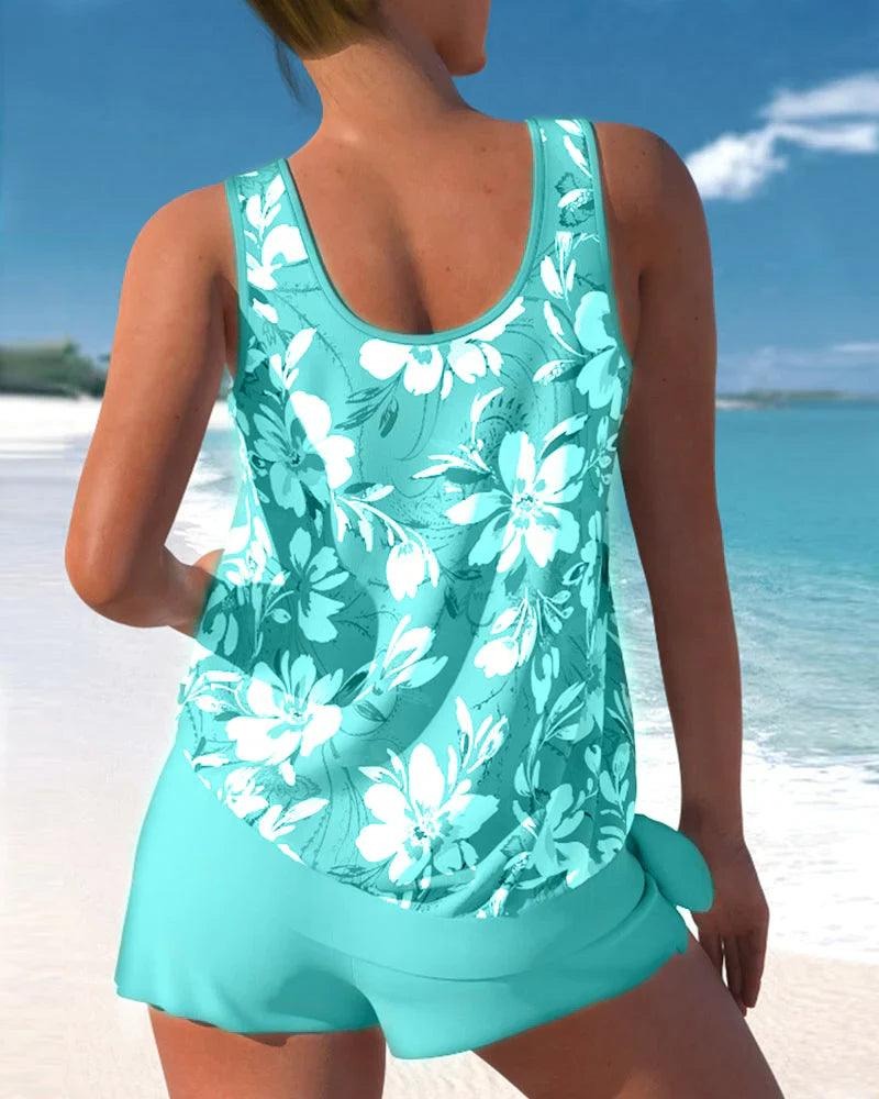 Women's tankini two-piece swimsuit with adjustable straps, sleeveless flattering fit for beach