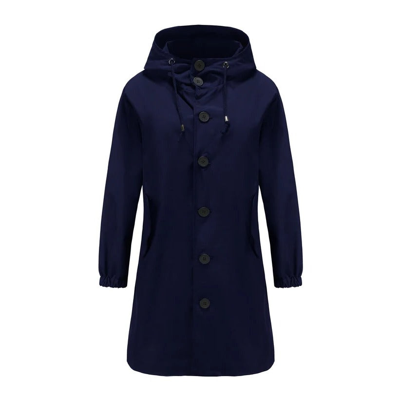 Women's lightweight hooded rain jacket in neutral tone, flexible outdoor fit with weather-resistant design