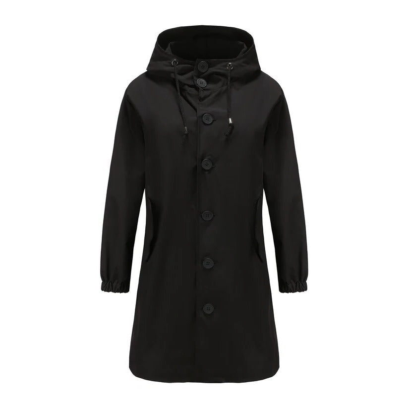 Women's lightweight hooded rain jacket in neutral tone, flexible outdoor wear with weather-resistant design