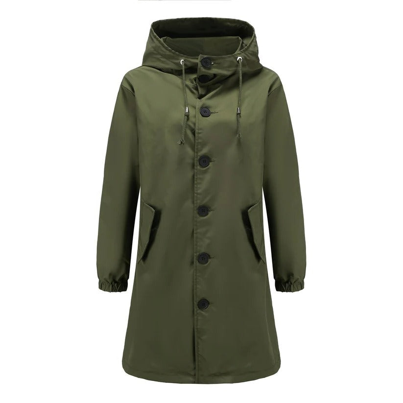 Women's lightweight hooded rain jacket in neutral tones, slim fit with flexible breathable design