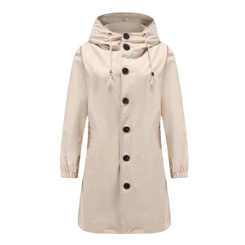 Women's lightweight hooded rain jacket in neutral tones, flexible fit for outdoor activities