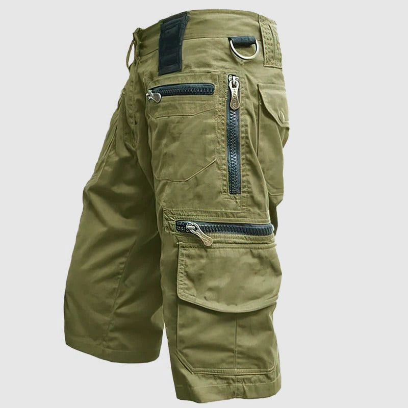 Men khaki knee-length cargo shorts with multi-pocket utility design for outdoor and everyday wear