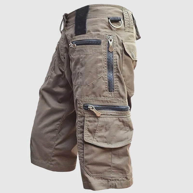 Men khaki knee-length cargo shorts utility multi-pocket rugged outdoor everyday wear