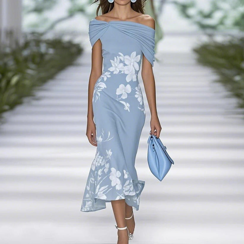 Floral midi dress women off-shoulder neckline fitted waist elegant spring summer event-ready silhouette