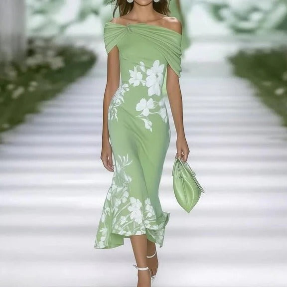 Floral midi dress women off-shoulder neckline fitted waist elegant spring summer event-ready silhouette