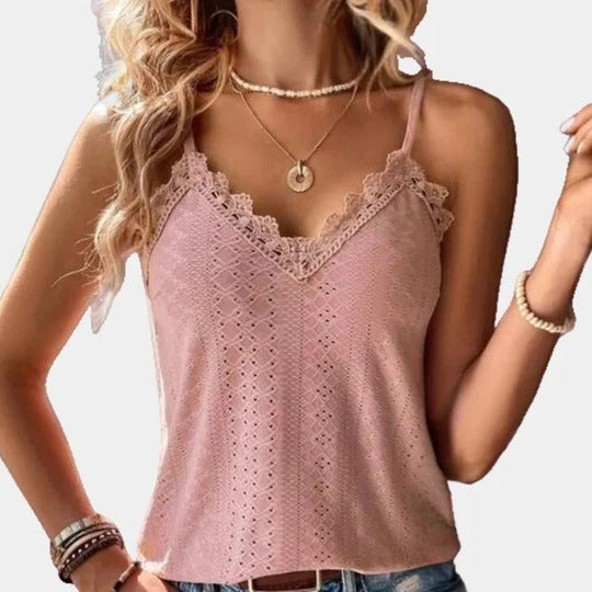 Women's white V-neck top with eyelet embroidery and lace patches, elegant lightweight summer style
