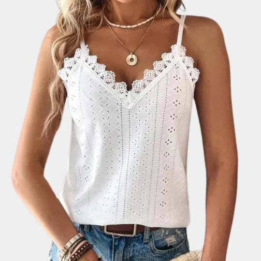 Women's white V-neck top with eyelet embroidery and lace patches for elegant summer style