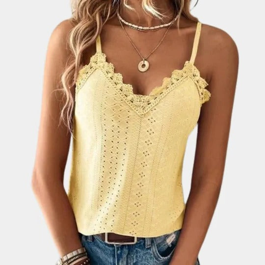 White women's V-neck top with eyelet embroidery and lace patches, elegant lightweight summer style