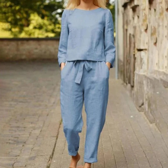 Women casual two-piece set round neck long sleeve top with braided detail and matching pants