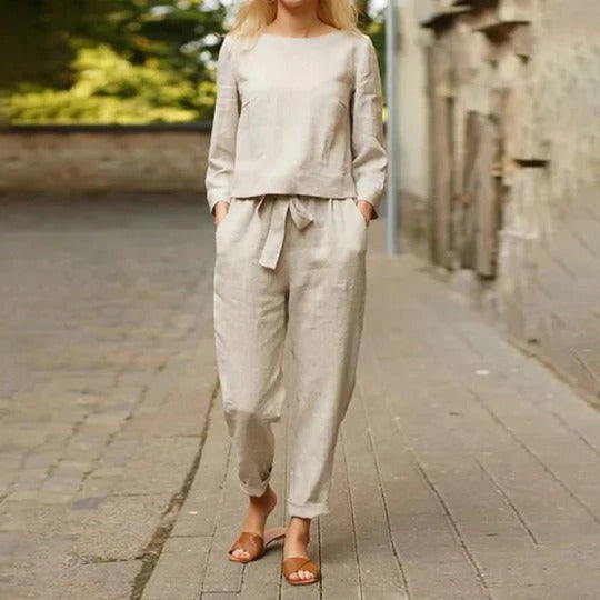 Women casual two-piece set round neck long sleeve braided top with matching pants spring autumn