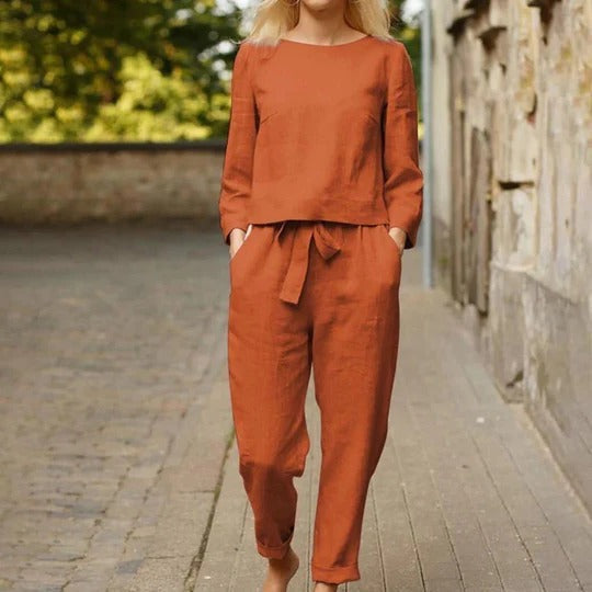 Women casual two-piece set round neck long sleeve braided top with matching pants spring autumn