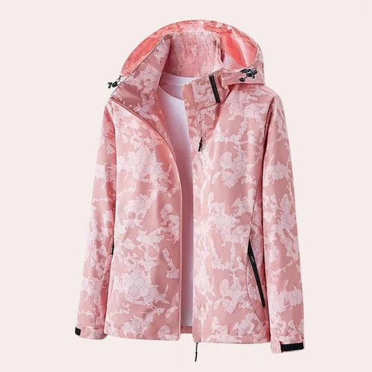 Women's camouflage hooded jacket with detachable hood, breathable fabric, and functional pockets