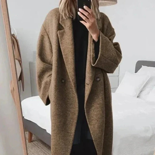 Women's oversized camel lapel collar coat relaxed fit transitioning casual to office wear