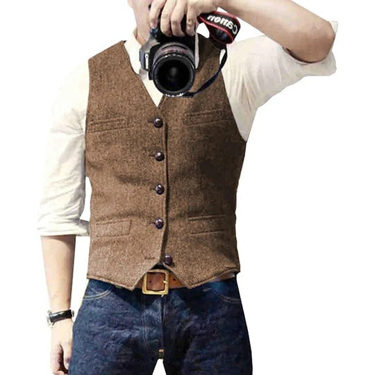 Men's blue denim vest with button closure, tailored silhouette, and practical pockets for casual layering