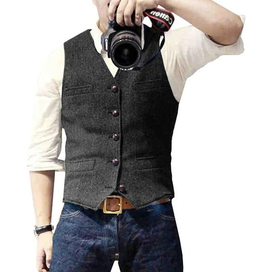 Men's blue denim vest button closure tailored slim fit practical pockets casual layering piece