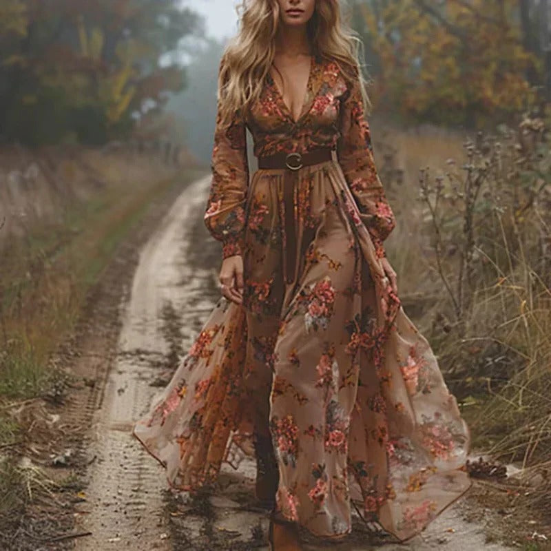 Women's floral maxi dress long sleeves relaxed fit tiered silhouette versatile everyday style