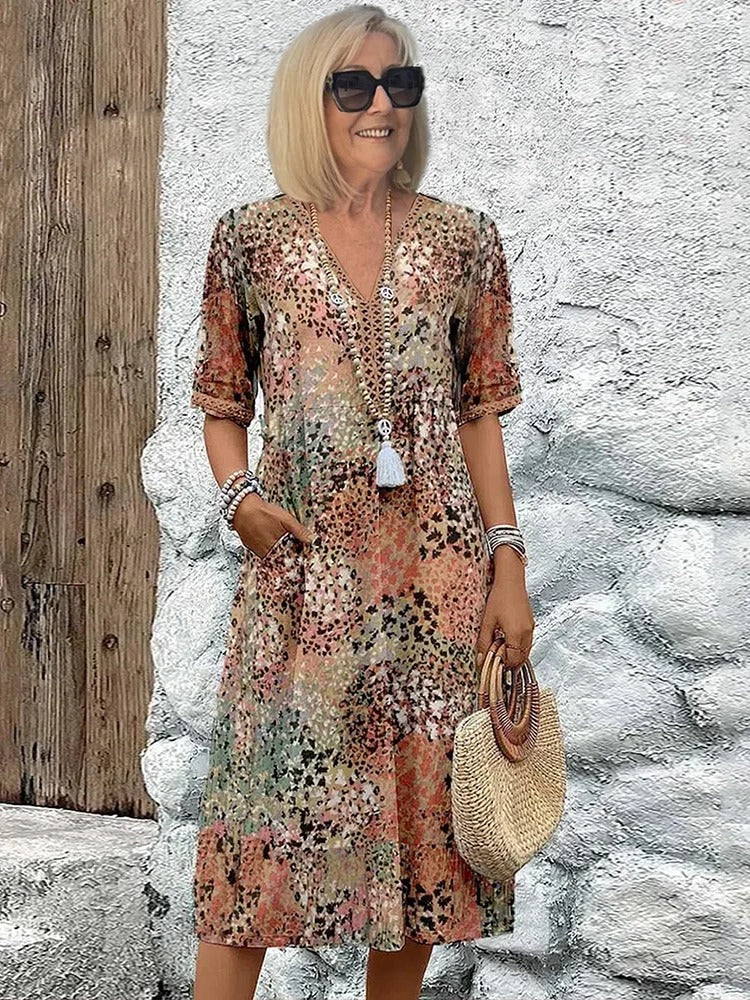 Women's relaxed fit V-neck dress lightweight casual day-to-night style effortless summer silhouette