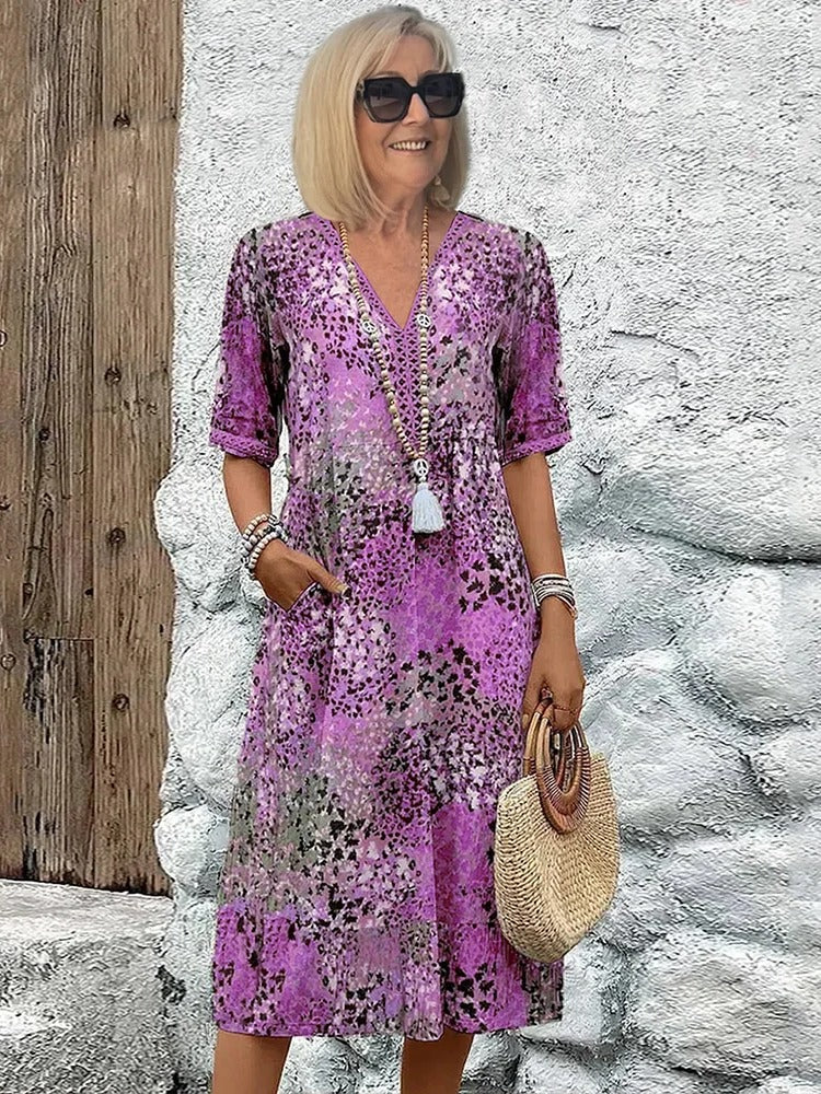 Women's lightweight relaxed-fit V-neck dress in casual day-to-night style with loose silhouette