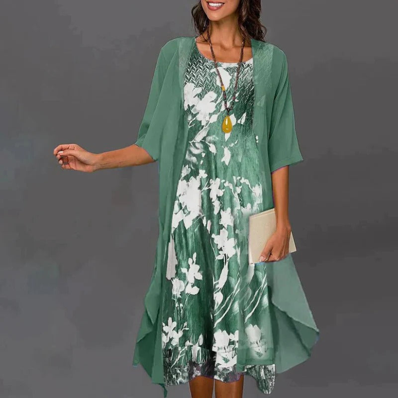 Floral two-piece dress and blazer set for women, polished office-to-evening chic style